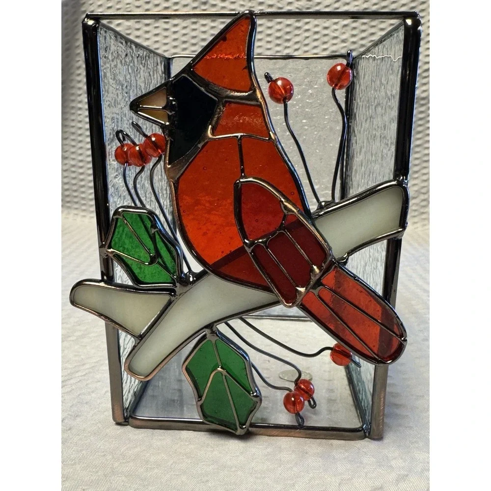 Stained Rectangle Glass and‎ Metal Cardinal Candle Holder Holly Berry Red Bird